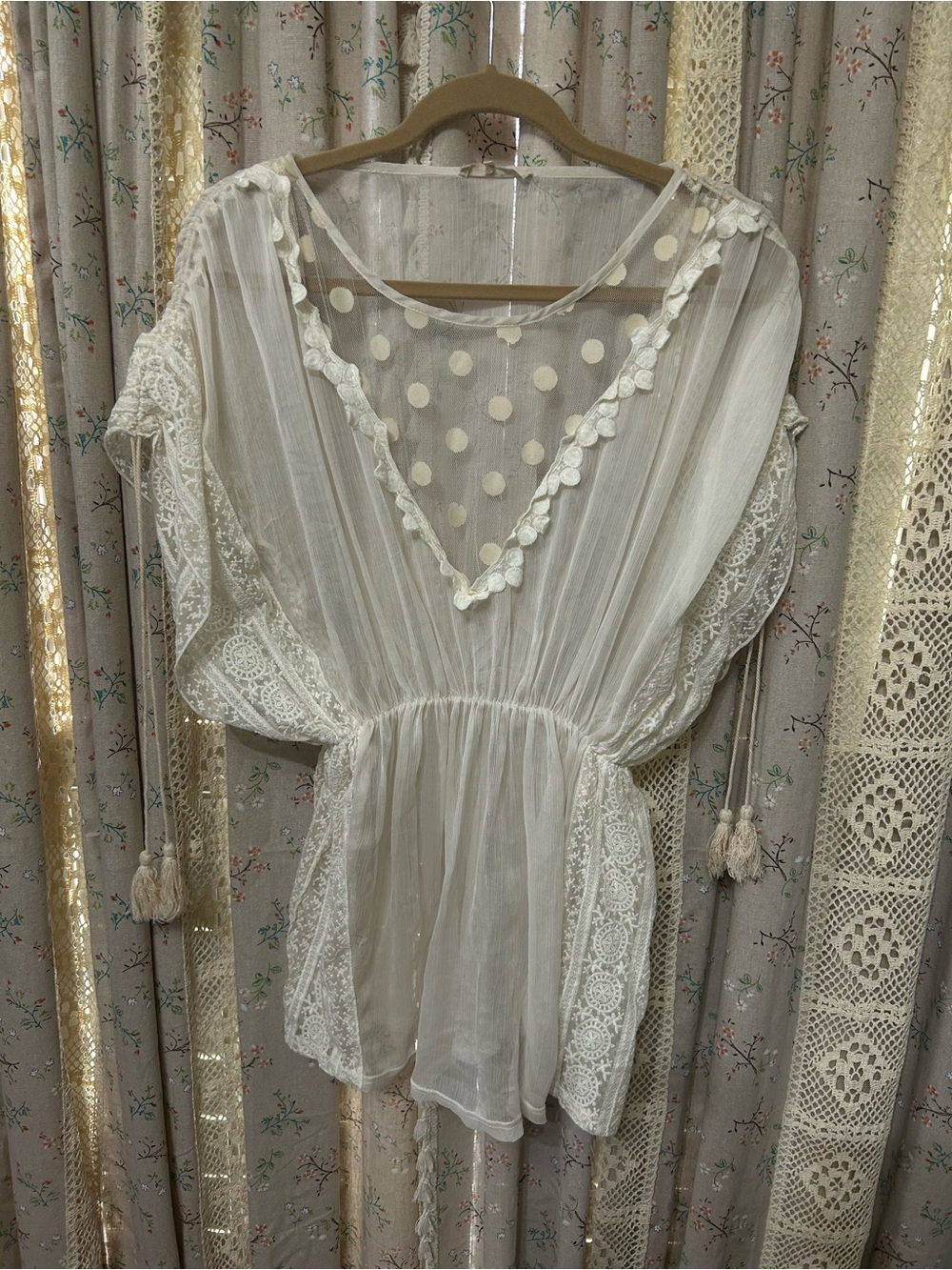 Ryu Sheer Lace Boho Tunic Top Cream Polka Dot Mesh Overlay S